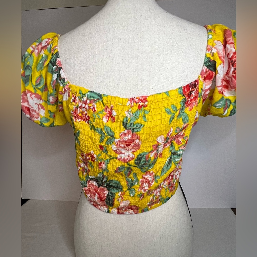 Floral Crop Top Jolie & Joy yellow Summer tie front Bubble Sleeve Medium juniors - Picture 2 of 8